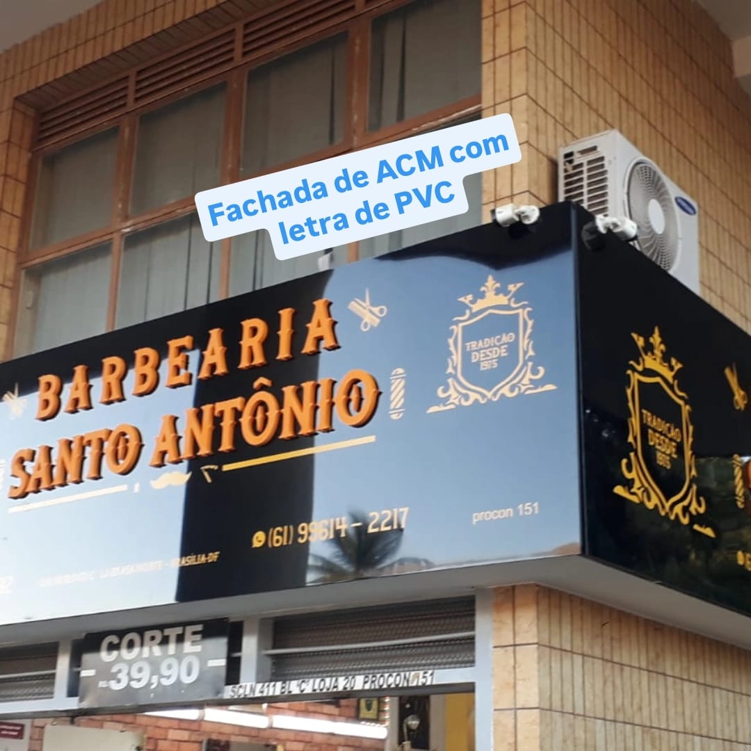 Fachada em ACM com letra caixa de PVC — Barbearia Santo Antônio